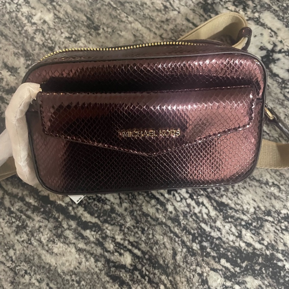 Michael Kors Metallic Burgundy Snake-Embossed Crossbody Bag